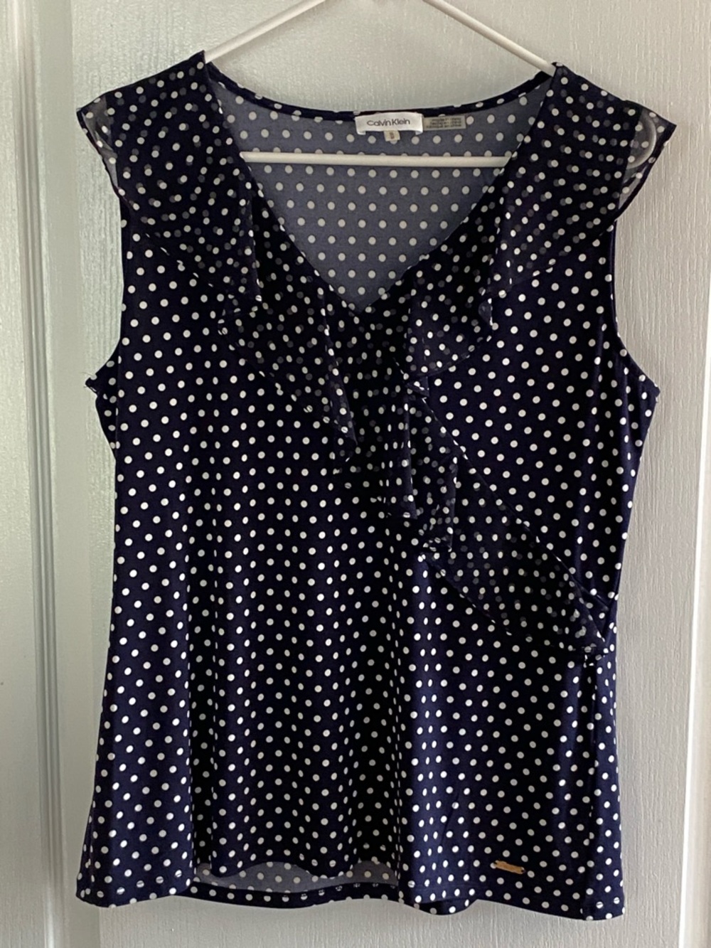 Calvin Klein Navy and White Polka Dot Ruffle Sleeveless Camisole